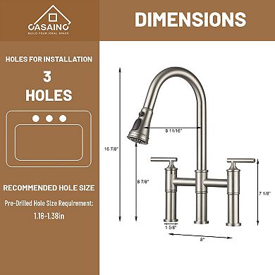 Sleek 2-Handle Bridge Kitchen Faucet with Three Function Pull-Down Sprayhead 1.8 GPM