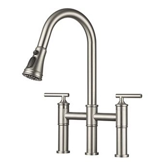 Sleek 2-Handle Bridge Kitchen Faucet with Three Function Pull-Down Sprayhead 1.8 GPM