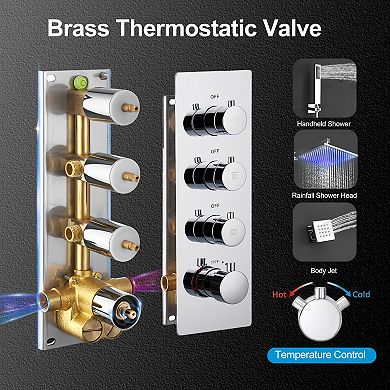 Luxury LED Thermostatic 3-Spray Patterns 12 in. Wall Mount Handheld Shower Head 2.5 GPM with 6-Jet