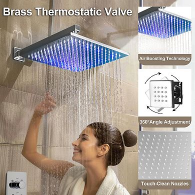 Luxury LED Thermostatic 3-Spray Patterns 12 in. Wall Mount Handheld Shower Head 2.5 GPM with 6-Jet