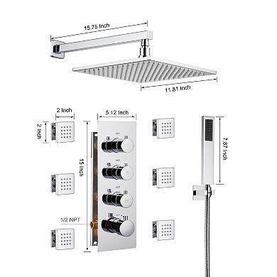 Luxury LED Thermostatic 3-Spray Patterns 12 in. Wall Mount Handheld Shower Head 2.5 GPM with 6-Jet