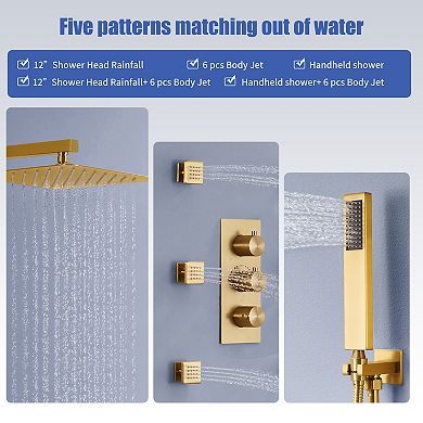Luxury 3-Spray Patterns Thermostatic 12 in. Wall Mount Rainfall Dual Shower Heads with 6-Jet
