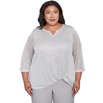 Plus Size Alfred Dunner Sequin Beaded Split Neck Top