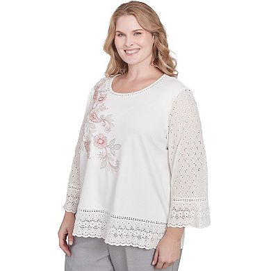 Plus Size Alfred Dunner Embroidered Floral Eyelet Trim Top