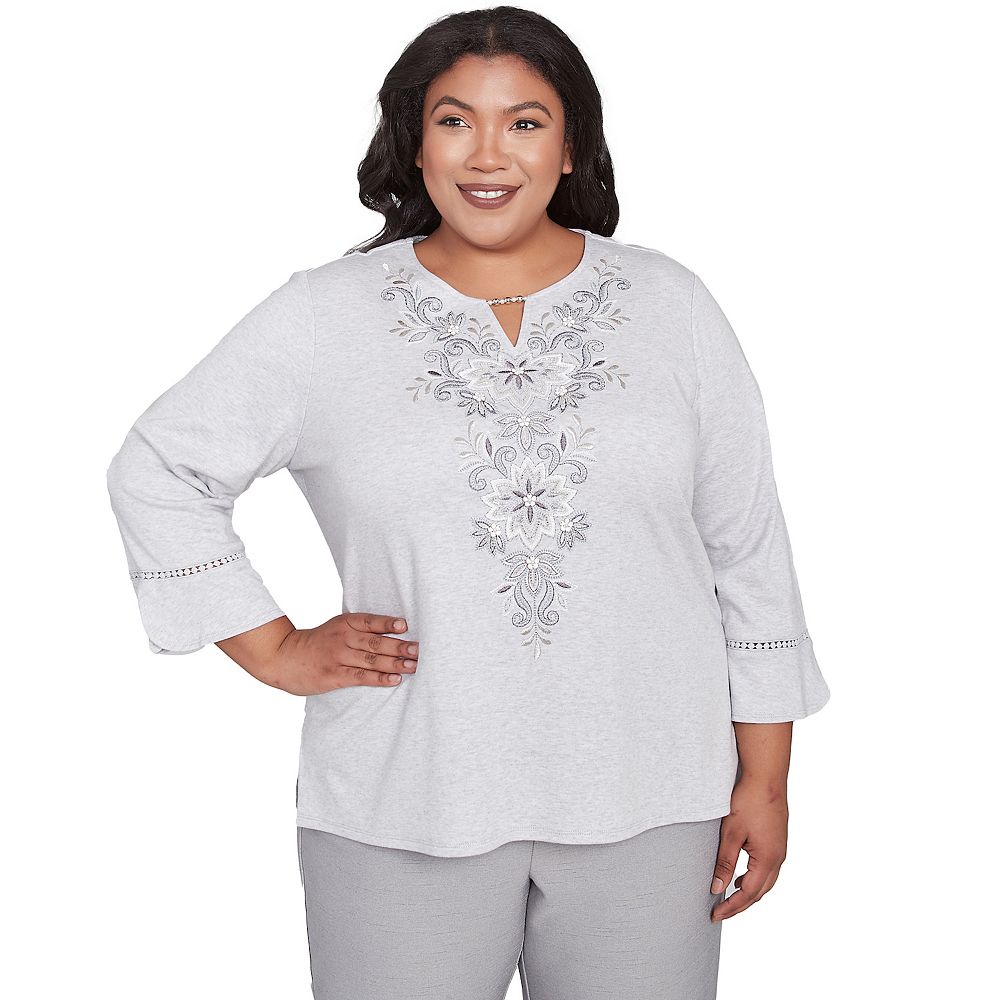 Plus Size Alfred Dunner Embroidered Scroll Bell Sleeve Top