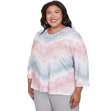 Plus Size Alfred Dunner Chevron Lacey Three Quarter Sleeve Top