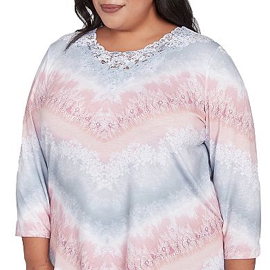 Plus Size Alfred Dunner Chevron Lacey Three Quarter Sleeve Top
