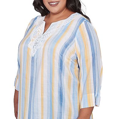 Plus Size Alfred Dunner Striped Flower Detail Button Front Top