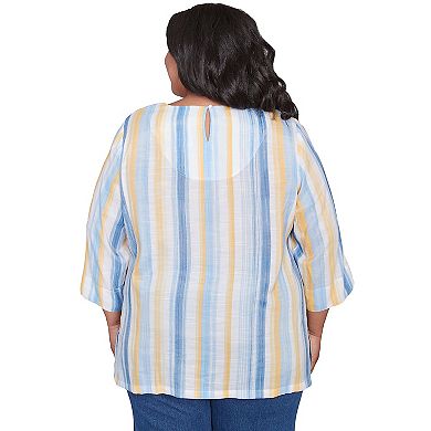 Plus Size Alfred Dunner Striped Flower Detail Button Front Top