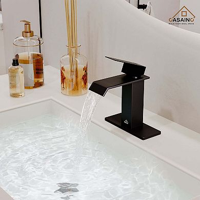Single Hole Black Faucet Single-handle Bathroom Faucet Waterfall Spout Sink Faucet 1.2GPM