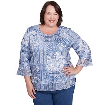 Plus Size Alfred Dunner Lacey Floral Patchwork Crew Neck Top