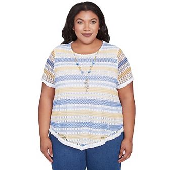 Plus Size Alfred Dunner Textured Biadere Fringe Top with Necklace