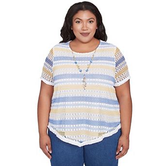 Plus Size Alfred Dunner Textured Biadere Fringe Top with Necklace