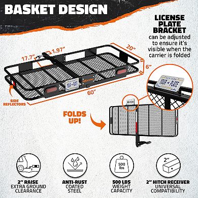 Mockins 60x20x6 Trailer Hitch Cargo Carrier w/ Rear Lights, License Plate Holder and Accessories