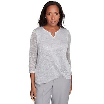 Petite Alfred Dunner Sequin Beaded Split Neck Top