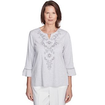 Petite Alfred Dunner Embroidered Scroll Bell Sleeve Top