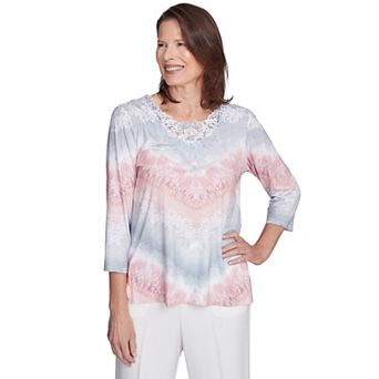 Petite Alfred Dunner Chevron Lacey Three Quarter Sleeve Top