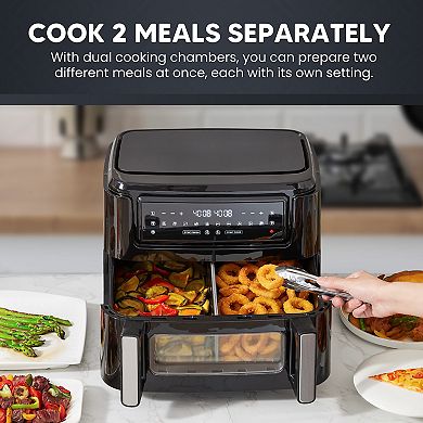 Elite Cuisine 10.5L Digital Dual Zone Air Fryer Oven with SYNC Technology and Divided Drawer