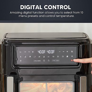 Elite Cuisine 10.5L Digital Dual Zone Air Fryer Oven with SYNC Technology and Divided Drawer