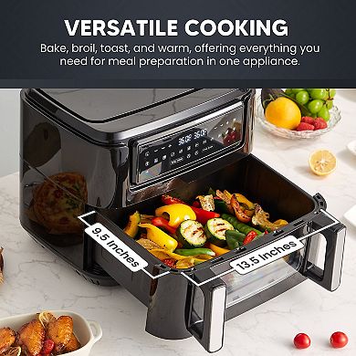 Elite Cuisine 10.5L Digital Dual Zone Air Fryer Oven with SYNC Technology and Divided Drawer