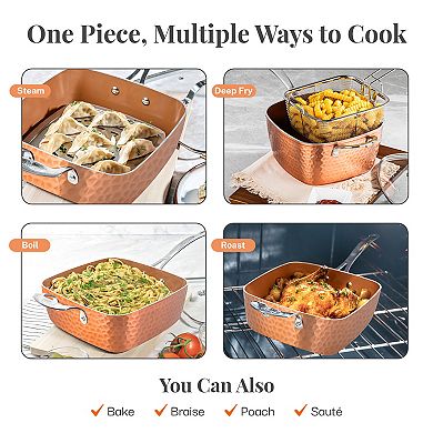 Gotham Steel Hammered Copper 4-Piece Nonstick Deep Square Frying Pan with Lid