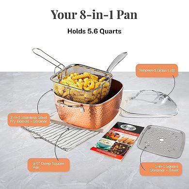 Gotham Steel Hammered Copper 4-Piece Nonstick Deep Square Frying Pan with Lid
