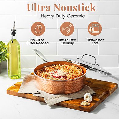 Gotham Steel Hammered Copper 4-quart Nonstick Deep Sauté Pan with Glass Lid