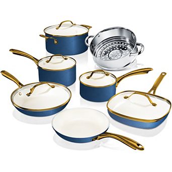 Gotham Steel Natural Collection 12 pc Ultra Performance Ceramic Nonstick Cookware Set in Navy with Gold Handles