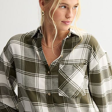 Juniors' SO® Boyfriend Button-Front Flannel Shirt