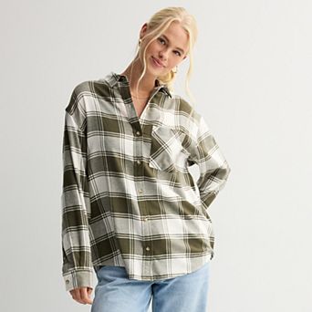 Juniors' SO® Boyfriend Button-Front Flannel Shirt