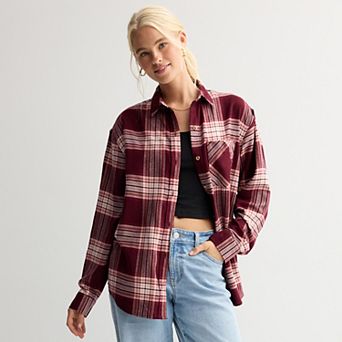Juniors' SO® Boyfriend Button-Front Flannel Shirt