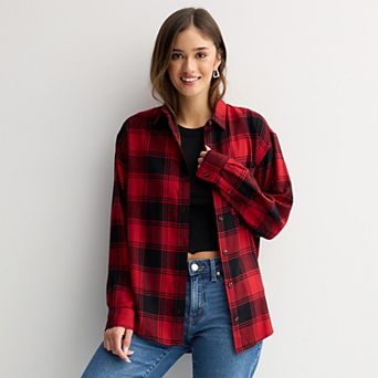 Juniors' SO® Boyfriend Button-Front Flannel Shirt