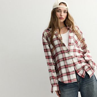 Juniors' SO® Boyfriend Button-Front Flannel Shirt