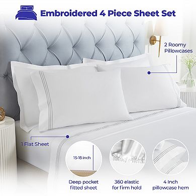 SUPERIOR Brandon Cotton Three-Line Embroidered Deep Pocket Bed Sheet Set