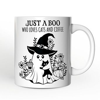 Cute Ghost with Black Cat Mug, Cat and Coffee Lover Halloween Gift