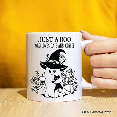 Cute Ghost with Black Cat Mug, Cat and Coffee Lover Halloween Gift