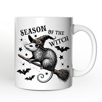 Funny Opossum Witch with Broom Mug, Vintage Halloween Gift