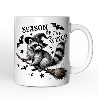 Funny Racoon Witch with Broom Mug, Vintage Halloween Gift