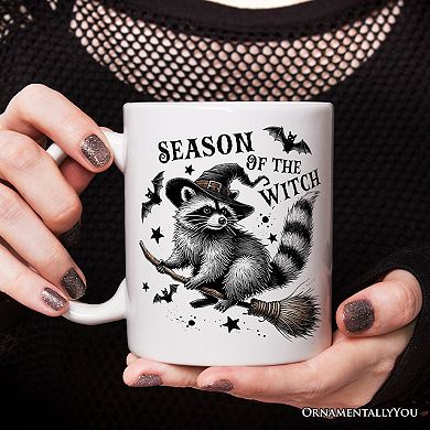 Funny Racoon Witch with Broom Mug, Vintage Halloween Gift