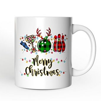 Bowling Buffalo Plaid Christmas Mug, Ball Pins and Trophy