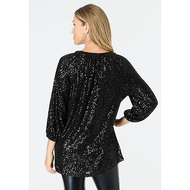 Roaman's Women's Plus Size Sequin Keyhole Blouse