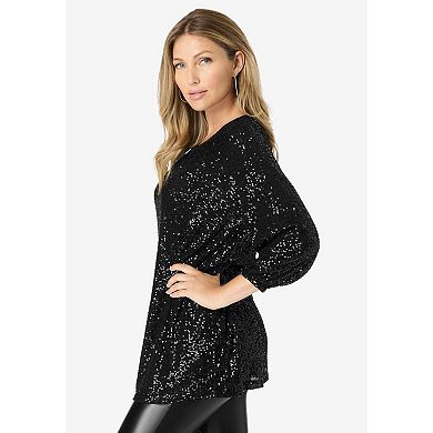 Roaman's Women's Plus Size Sequin Keyhole Blouse