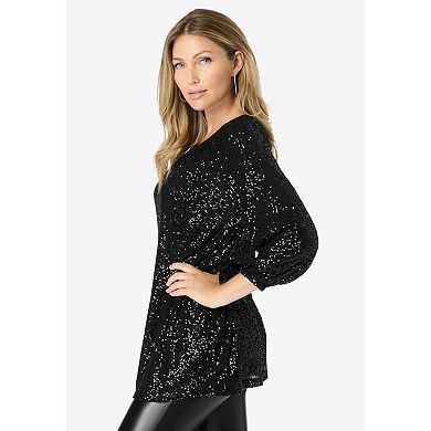 Roaman's Women's Plus Size Sequin Keyhole Blouse