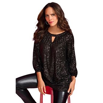 Roaman's Women's Plus Size Sequin Keyhole Blouse