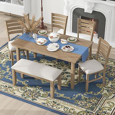 Merax Dining Room Table and Chairs with Bench, Rustic Wood Dining Set, Set of 6