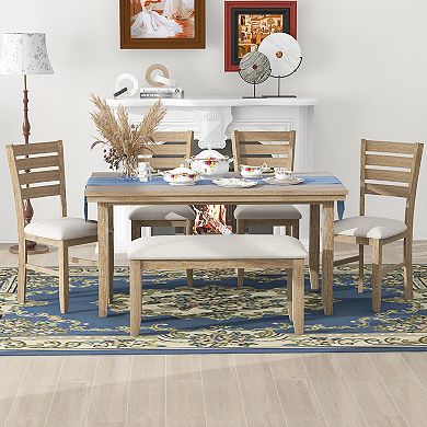 Merax Dining Room Table and Chairs with Bench, Rustic Wood Dining Set, Set of 6