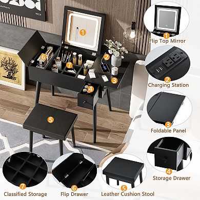Merax Black Makeup Vanity Desk with Flip Top Mirror and LED Light