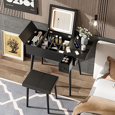 Merax Black Makeup Vanity Desk with Flip Top Mirror and LED Light