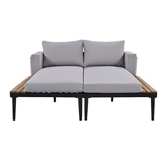 Merax Modern Outdoor Daybed Patio Metal Daybed with Wood Topped Side Spaces for Drinks