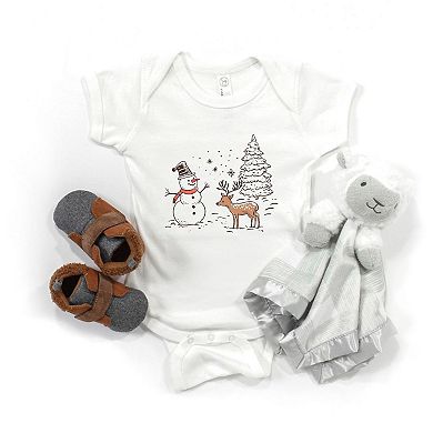 Deer Snowman Scene Baby Bodysuit
